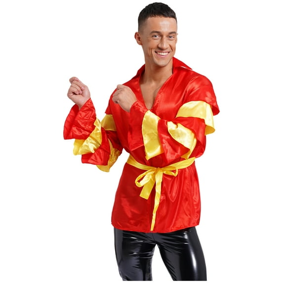 Sxiwei Mens Rumba Samba Dance Costume Long Sleeve Coat Tunic with Belt for Carnival Halloween Party Burgundy S