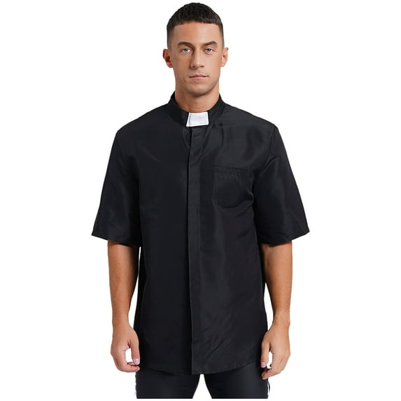 Sxiwei Mens Stand Collar Short Sleeves Shirt Priest Pastor T-Shirt Top Minister Preacher Costume Black 4XL