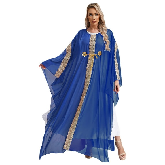 Sxiwei Muslim Dress for Women Abayas Loose Dress Gold Lace Embroidery Islamic Dubai Kaftan Robe Blue One Size