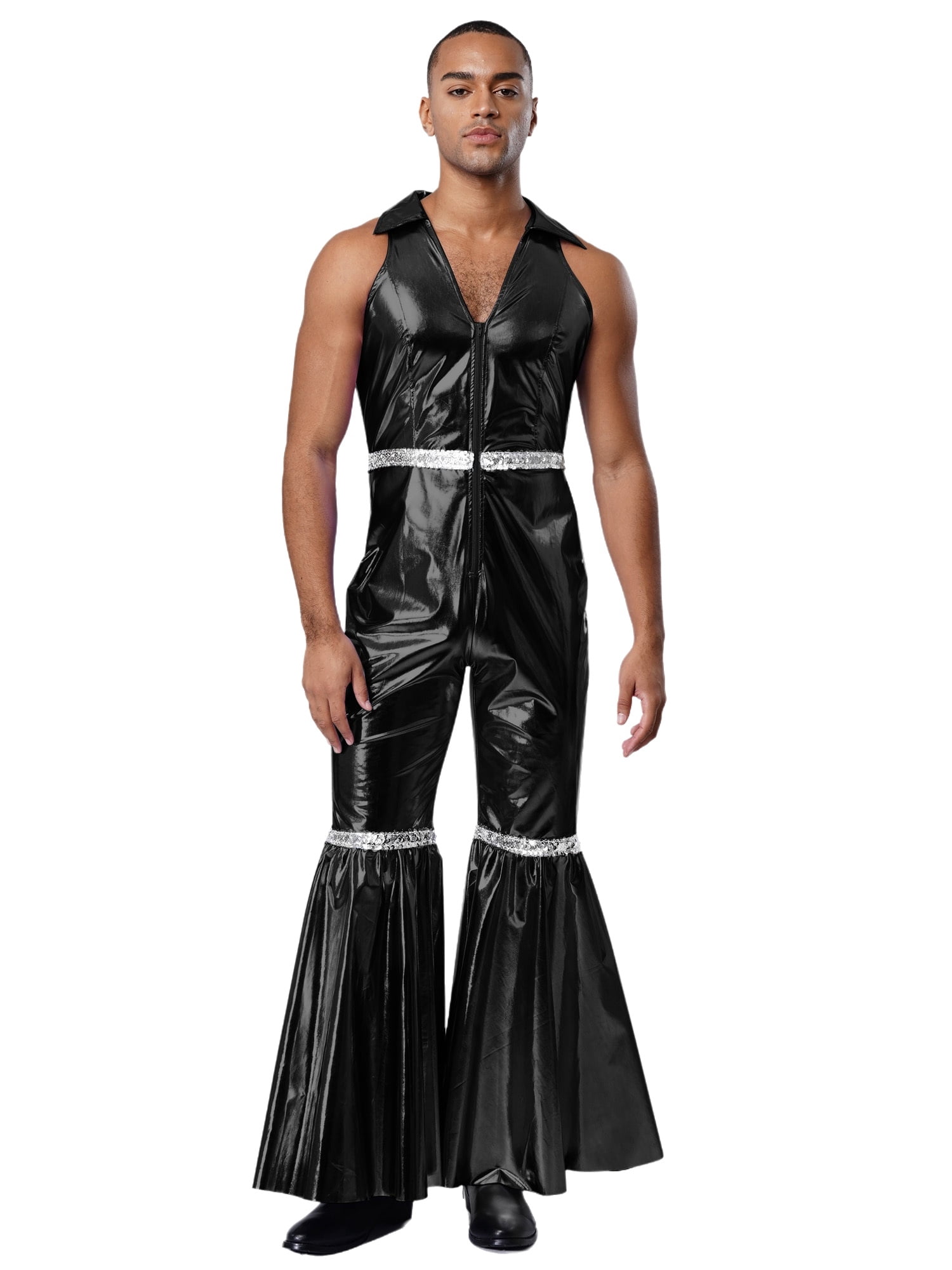 Sxiwei Retro 70s Jumpsuit for Men Sequins Shiny Bell Bottom Disco ...