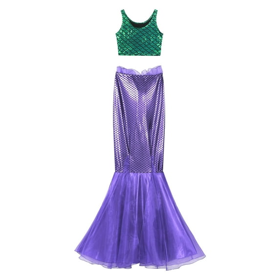 Sxiwei Woman Mermaid Costume 2 Piece Fish Scale Dress Long Tail Maxi Skirt Tank Top Festival Outfits Green&Purple XXL