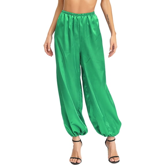 Sxiwei Women Arabian Prince Belly Dance Costume Silky Satin Harem Pants Praise Dance Pants Bottoms Green XL