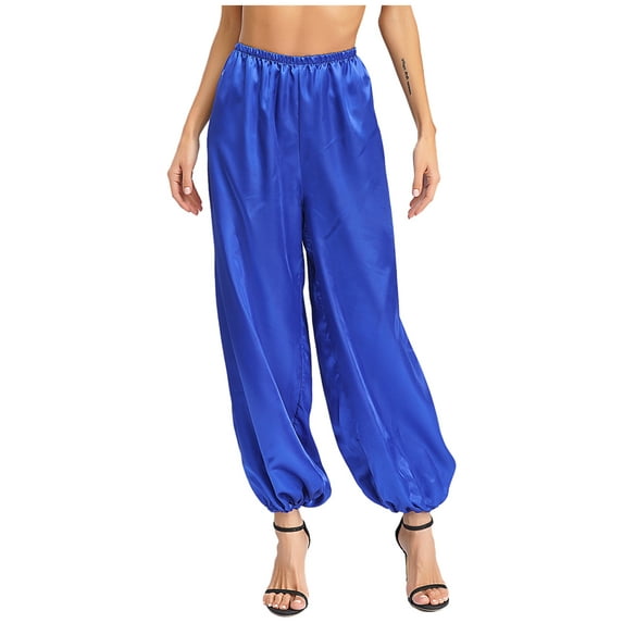 Sxiwei Women Arabian Prince Belly Dance Costume Silky Satin Harem Pants Praise Dance Pants Bottoms Royal Blue L