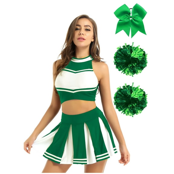Sxiwei Women Cheer Leader Costume Cheerleading Uniform Xmas Party Outfits Mini Skirt with Flower Ball Green L