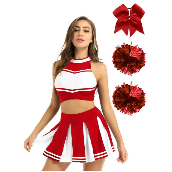 Sxiwei Women Cheer Leader Costume Cheerleading Uniform Xmas Party Outfits Mini Skirt with Flower Ball Red XXL