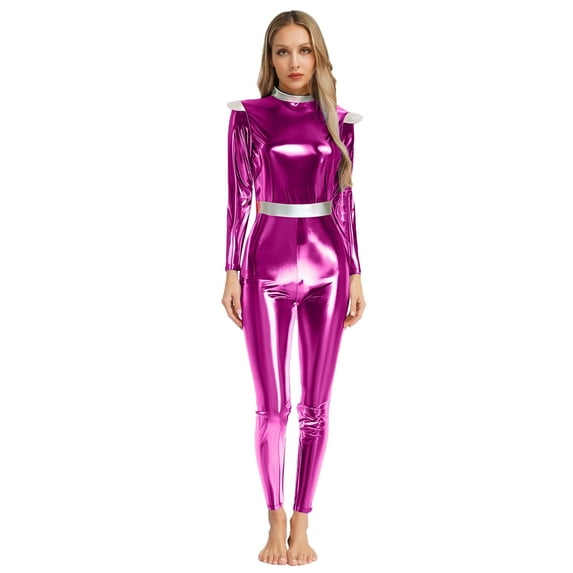 Sxiwei Women Halloween Alien Costume Long Sleeves Shiny Jumpsuit Outer Space Cutie Robot Costume Hot Pink XXL