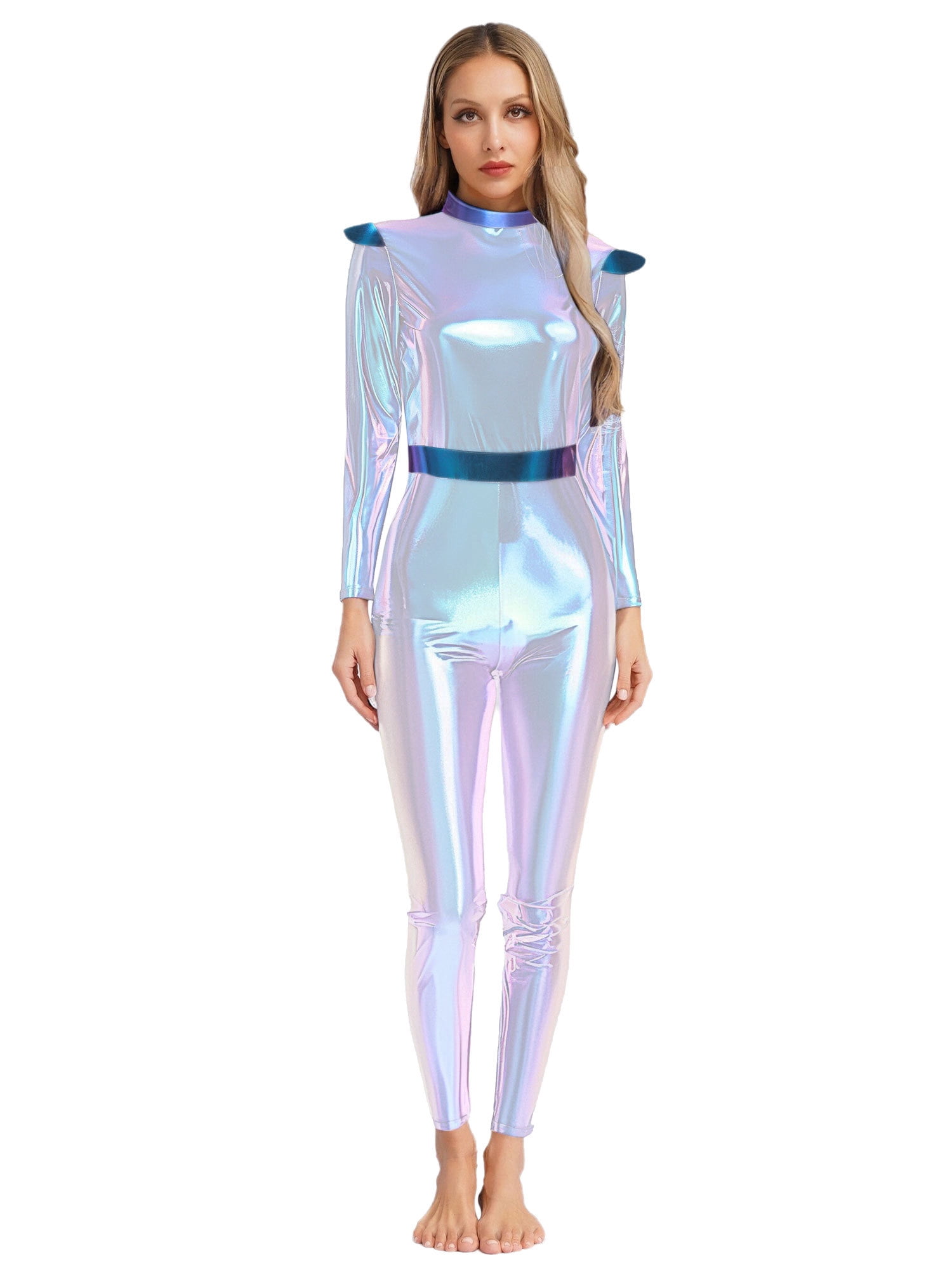 Sxiwei Women Halloween Alien Costume Long Sleeves Shiny Jumpsuit Outer ...