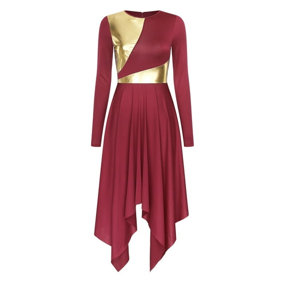 Sxiwei Women Liturgical Praise Dance Dress Irregular Hem Church Worship Dancewear Maxi Robe Worship Burgundy M