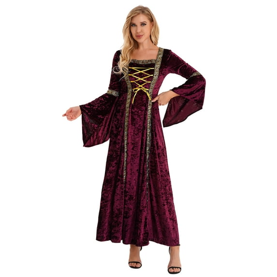 Sxiwei Women Medieval Vintage Gothic Velvet Long Dress Renaissance Flare Sleeve Lace Up Halloween Burgundy L