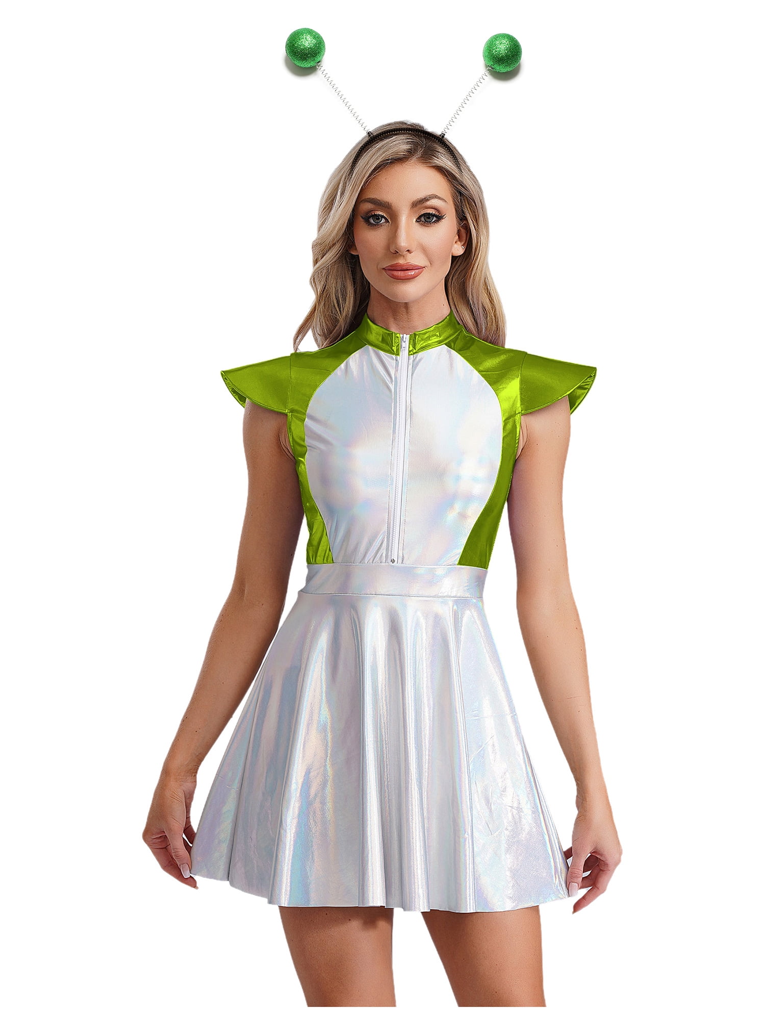 Sxiwei Women Metallic Shiny Rave Dress Cosplay Suit Halloween Alien Cowgirl  Costume with Hair Hoop Green M - Walmart.com