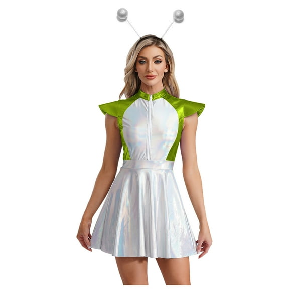Sxiwei Women Metallic Shiny Rave Dress Cosplay Suit Halloween Alien Cowgirl Costume with Hair Hoop Silver Green 3XL