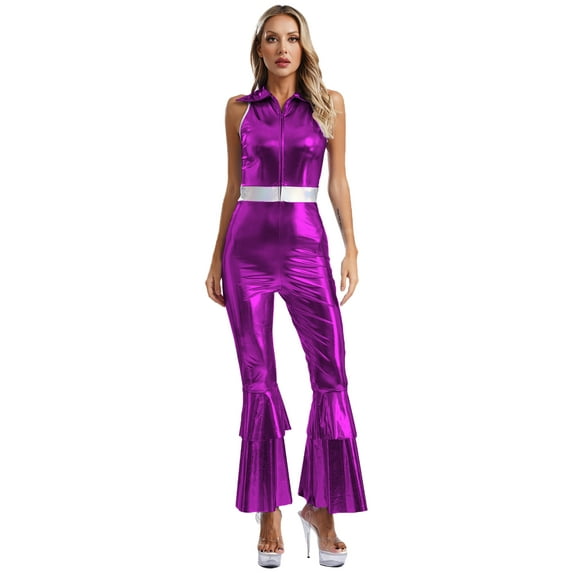 Sxiwei Women Shiny Metallic 70s Disco Hippy Dance Costume Jumpsuit Sleeveless Flared Bell Bottoms Purple M
