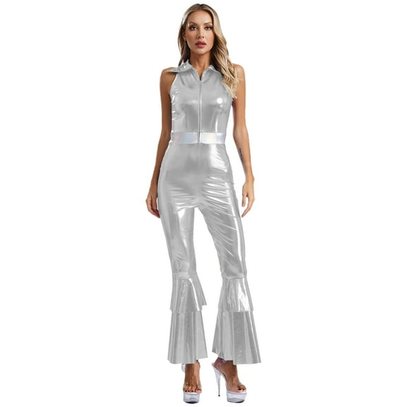 Sxiwei Women Shiny Metallic 70s Disco Hippy Dance Costume Jumpsuit Sleeveless Flared Bell Bottoms Silver XXL