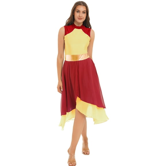 Sxiwei Women Sleeveless Color Block Chiffon Splice Lyrical Dance Costume Contemporary Praise Dance Red&Yellow M