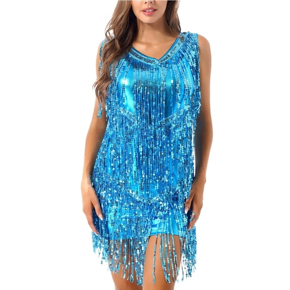 Sxiwei Women Sleeveless Tassel Latin Dance Dress Sequin V Neck Cocktail Flapper Dress Ballroom Sky Blue XL