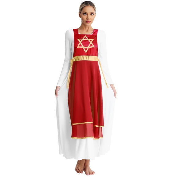 Sxiwei Women Tie-up Praise Tunic and Overlay Dress Sleevelesss Church Worship Performance Costume Burgundy L