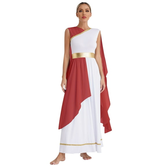 Sxiwei Women’s Ancient Greek Gold Princess Fancy Dress Toga Gown Cap Sleeve Retro Robe Burgundy L