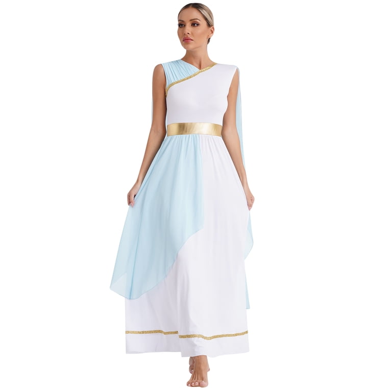 Sxiwei Women's Ancient Greek Gold Princess Fancy Dress Toga Gown Cap Sleeve Retro Robe Light Blue XL