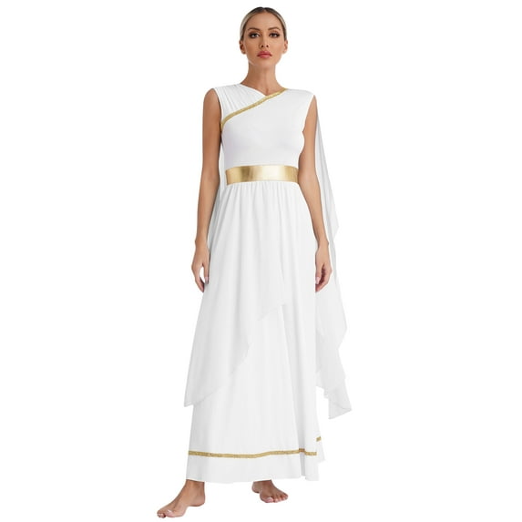 Sxiwei Women’s Ancient Greek Gold Princess Fancy Dress Toga Gown Cap Sleeve Retro Robe White XXL