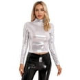 thumbnail image 1 of Sxiwei Women's Casual Metallic Liquid Crop Tee Top Slim Fit Mock Neck Tops Shiny Tees Silver L, 1 of 7