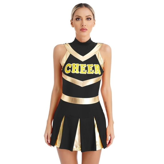 Sxiwei Women's Cheer Leader Costume Halloween Cheerleading Sleeveless A-line Dress Black L