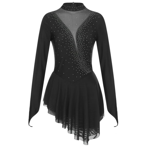 Sxiwei Women's Glittery Long Sleeve Figure Ice Skating Dress Irregular Hem Roller Skating Dance Black XL