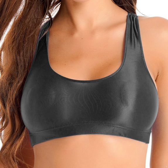Sxiwei Women's Glossy Racerback Tank Tops Sleeveless Solid Color Crop Top Vest Unlined Yoga Bralette Black L