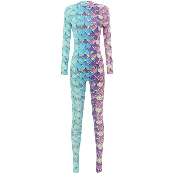 Sxiwei Women's Mermaid Jumpsuit Fish Scales Print Catsuit Long Sleeve Full Body Suits Swimsuits Type D XL
