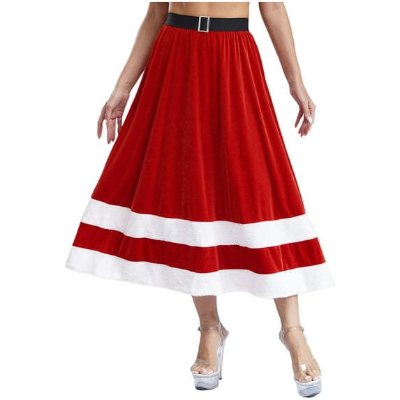 Sxiwei Women's Red Velvet Skirts for Christmas Mrs Santa Claus Costume High Waist A-Line Long Skirt Red 3XL