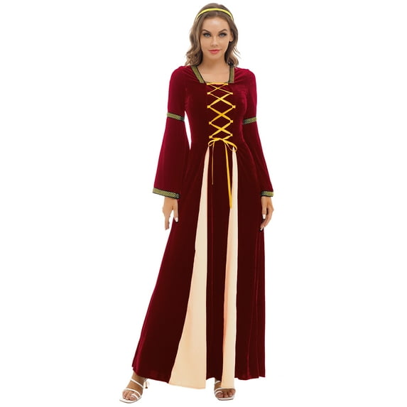 Sxiwei Women's Renaissance Medieval Costume Square Neck Flare Sleeve Velvet Dress Halloween Outfits Burgundy XL
