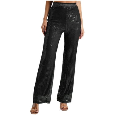 Sxiwei Women's Sparkly Metallic Wide Leg Pants High Waist Dance Loose Long Trousers Clubwear Black L