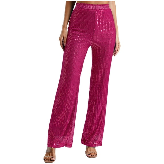 Sxiwei Women's Sparkly Metallic Wide Leg Pants High Waist Dance Loose Long Trousers Clubwear Hot Pink XL