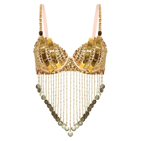 Sxiwei Women's Sparkly Sequins Beading Tassels Underwired Bra Belly Dance Bra Tops for Dancing Gold One Size