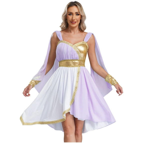 Sxiwei Women's Venus Greek Beauty Nymph Costume Halloween Roman Queen Ruffles Cape Dress with Cuffs Lavender M