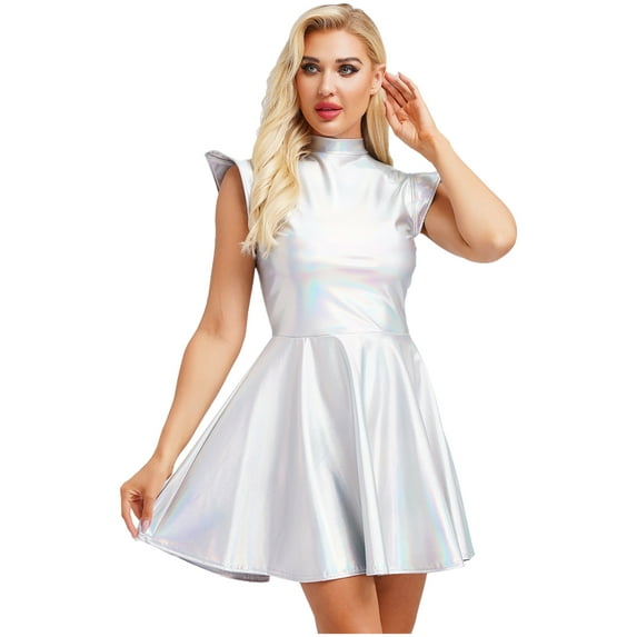 Sxiwei Women's Wet Look Pleated Dress High Waist Holographic Back Zipper Disco Dress Holographic XXL
