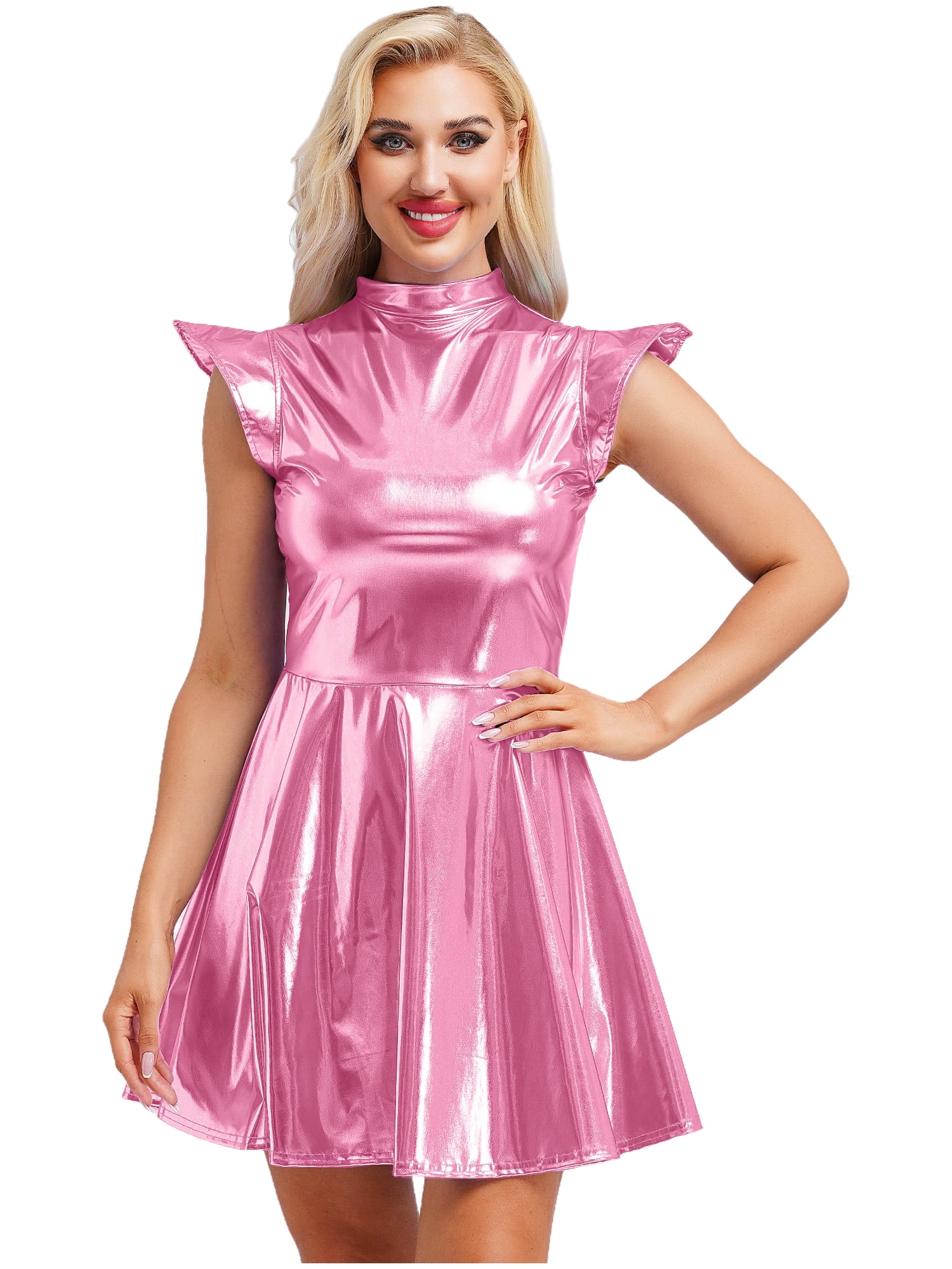 Sxiwei Women's Wet Look Pleated Dress High Waist Holographic Back — free download