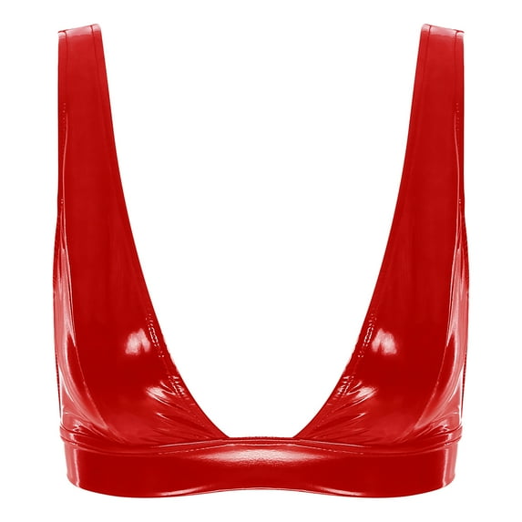 Sxiwei Women's Wet Look Pu Leather Bra Top Plunging Tank Crop Top Vest Bustier Rave Dance Bra Red XL