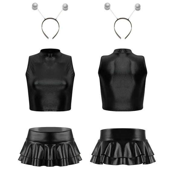 Sxiwei Womens 3 Piece Shiny Metallic Astronaut Cosplay Costume Latex Crop Top Skirts with Headband Black M