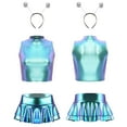 thumbnail image 1 of Sxiwei Womens 3 Piece Shiny Metallic Astronaut Cosplay Costume Latex Crop Top Skirts with Headband Blue S, 1 of 6