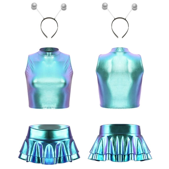 Sxiwei Womens 3 Piece Shiny Metallic Astronaut Cosplay Costume Latex Crop Top Skirts with Headband Blue S