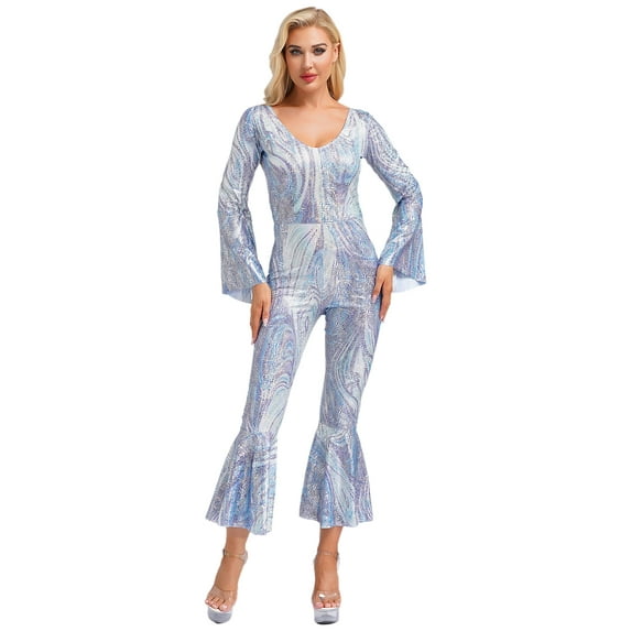 Sxiwei Womens 70's Disco Jumpsuit Shiny Metallic Bell Bottom Romper Vintage Hippie Costume Jazz Silver S
