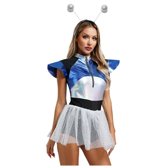 Sxiwei Womens Alien Dress Costume Halloween Space Fighter Costume Astronaut Shiny Metallic Tutu Dress Silver XL