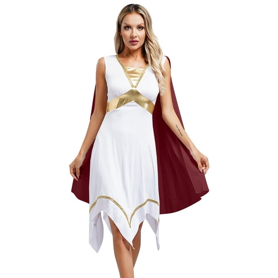 Sxiwei Womens Ancient Greek Cosplay Costume Toga Dress Chiffon Long Cape Sleeve Tunic Dress Burgundy XXL