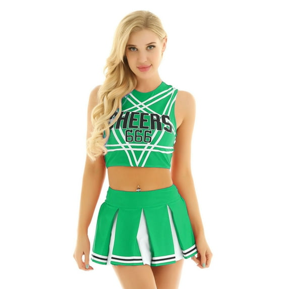 Sxiwei Womens Cheerleading Costume Dress Crop Top with Mini Pleated Skirt Cheer Leader Outfits Green XXL