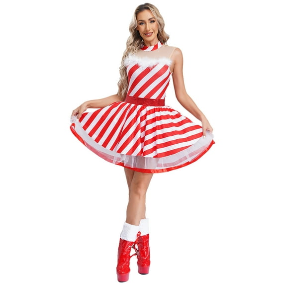 Sxiwei Womens Christmas Candy Cane Dress Sleeveless Xmas Costume Ballet Dance A-line Tutu Dress Red M