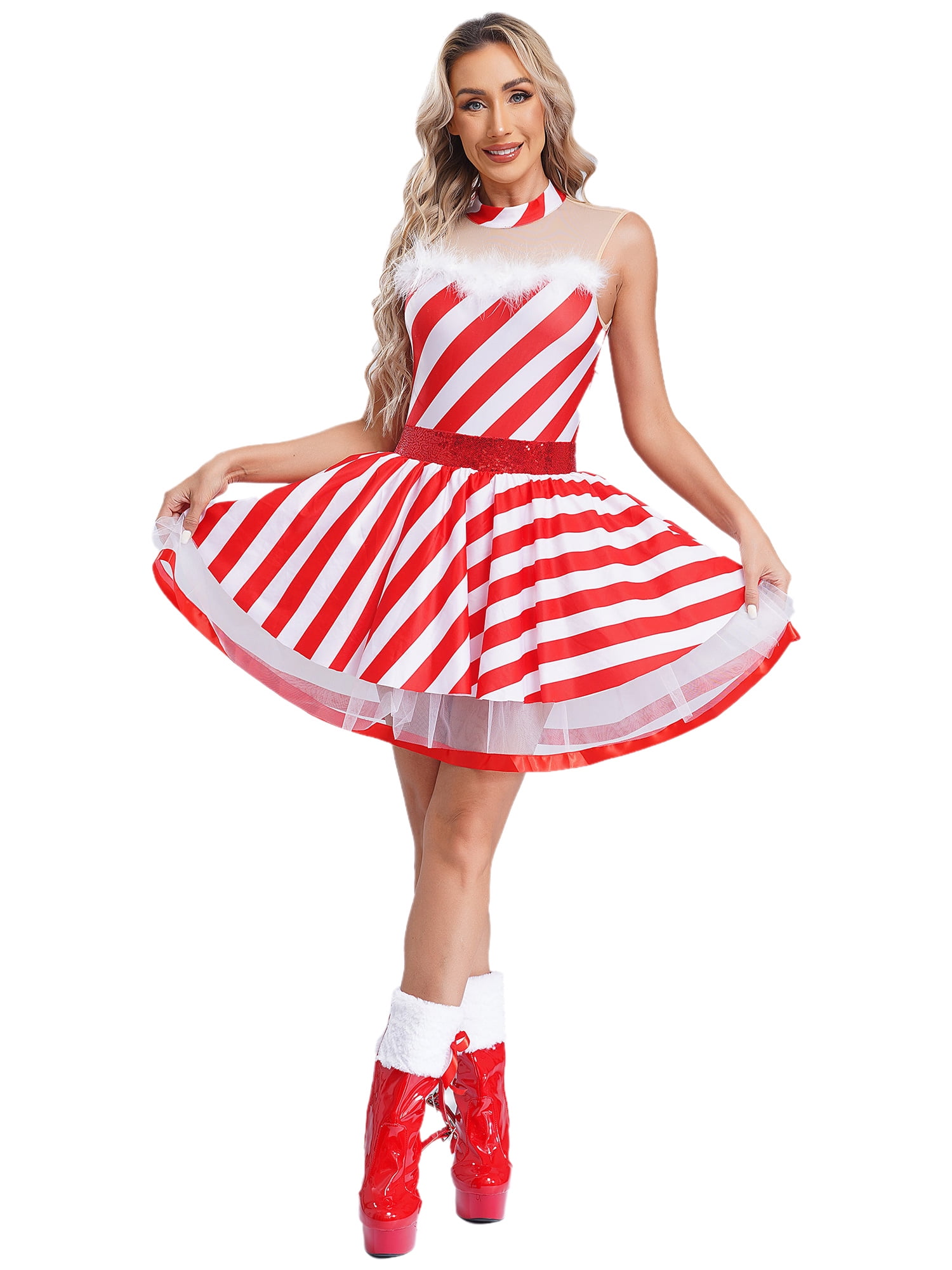 women's candy cane dress Rswnyirn Adult Striped Bodysuit Costume Festive Christmas Holiday Jumpsuit Red Small: Clothing, Shoes & Jewelry Side Concealed Zipper Length red white Christmas Candy Cane