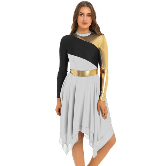 Sxiwei Womens Color Block Leotard Dress Long Sleeve Irregular Hem Dresses Dancewear for Lyrical Dance White S