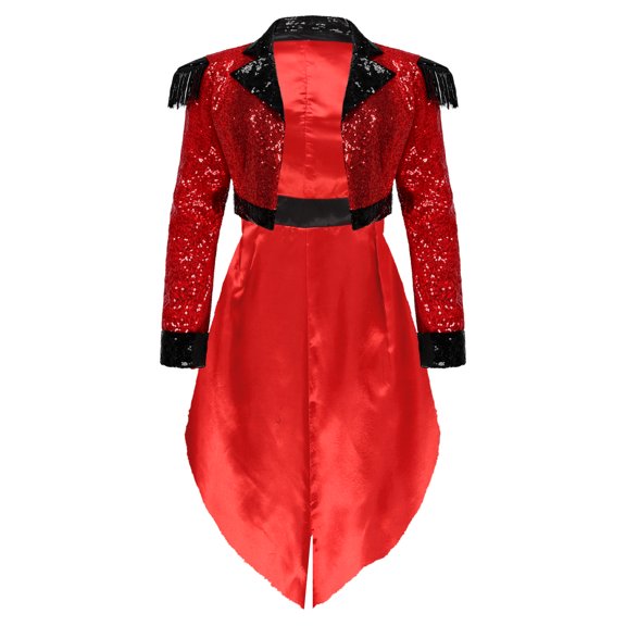 Sxiwei Womens Lion Tamer Tassels Uniform Sequined Swallow-Tailed Coat Circus Ringmaster Jacket Red XL