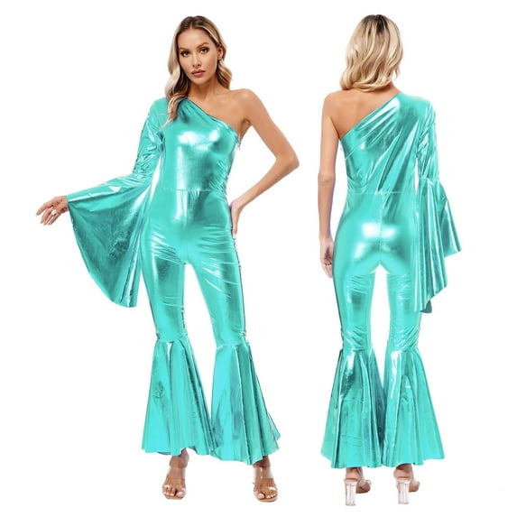 Sxiwei Womens Metallic Shiny Bell-Bottom Dance Jumpsuit Romper 70s Disco Hippie Costume Clubwear Blue Green XXL