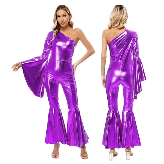 Sxiwei Womens Metallic Shiny Bell-Bottom Dance Jumpsuit Romper 70s Disco Hippie Costume Clubwear Purple S
